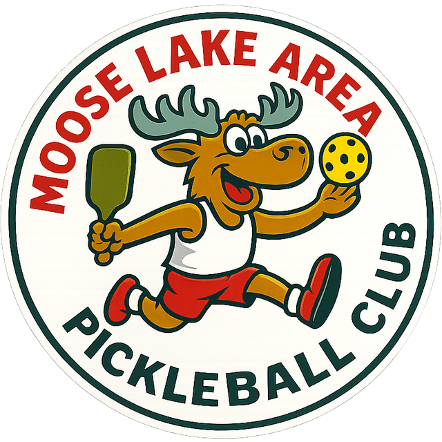 Moose Lake Area Pickleball Club badge with a cartoon moose sprinting with a paddle and a pickleball
